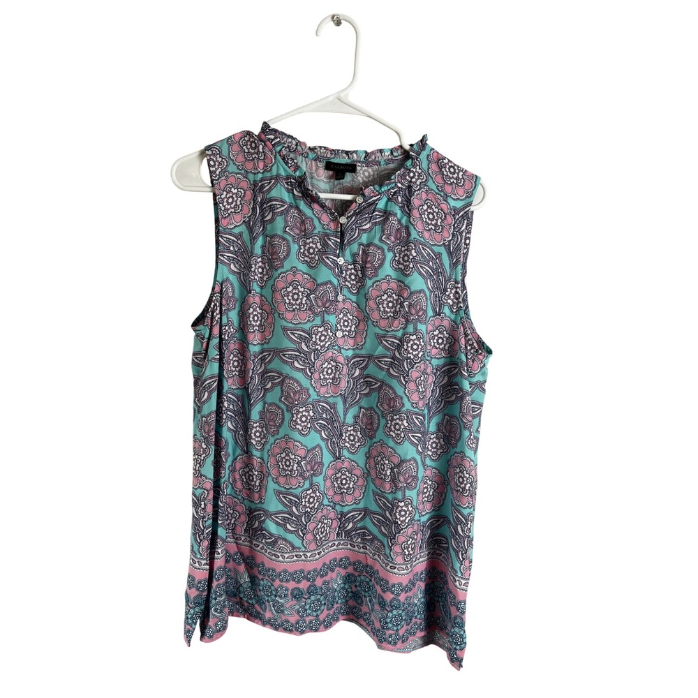 Talbots Floral Sleeveless Woven Top Size Medium Pink Blue Ruffle Neck Boho NEW